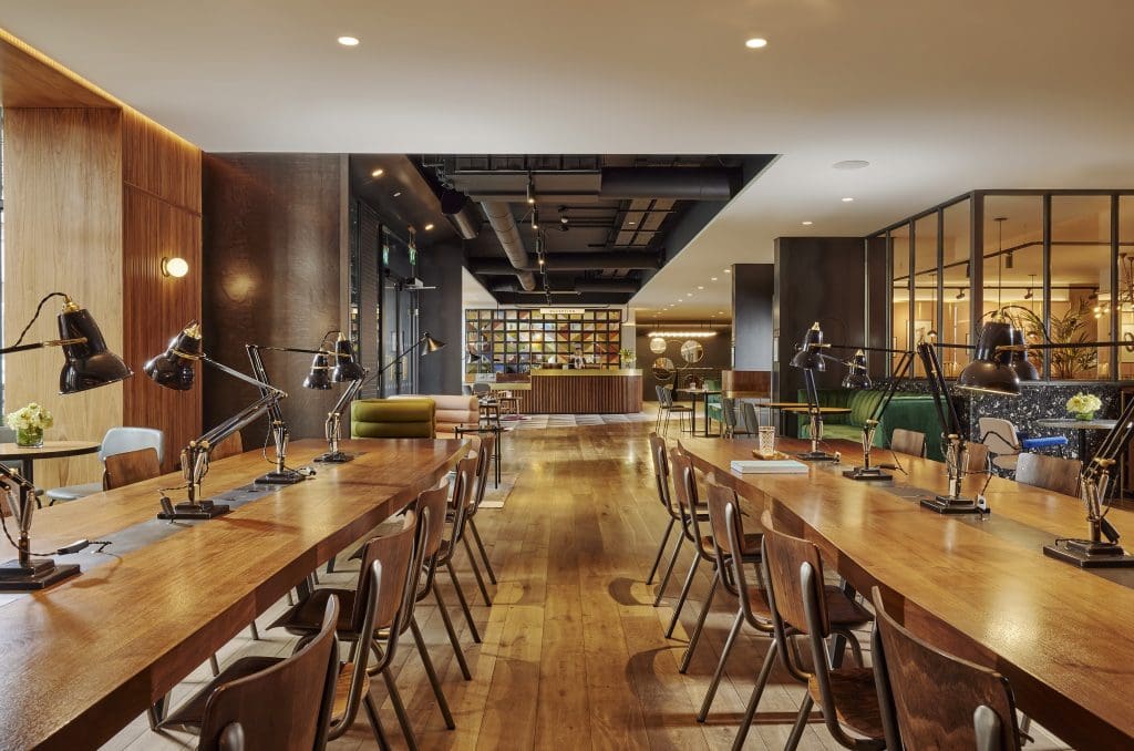 work hub in hotel lobby