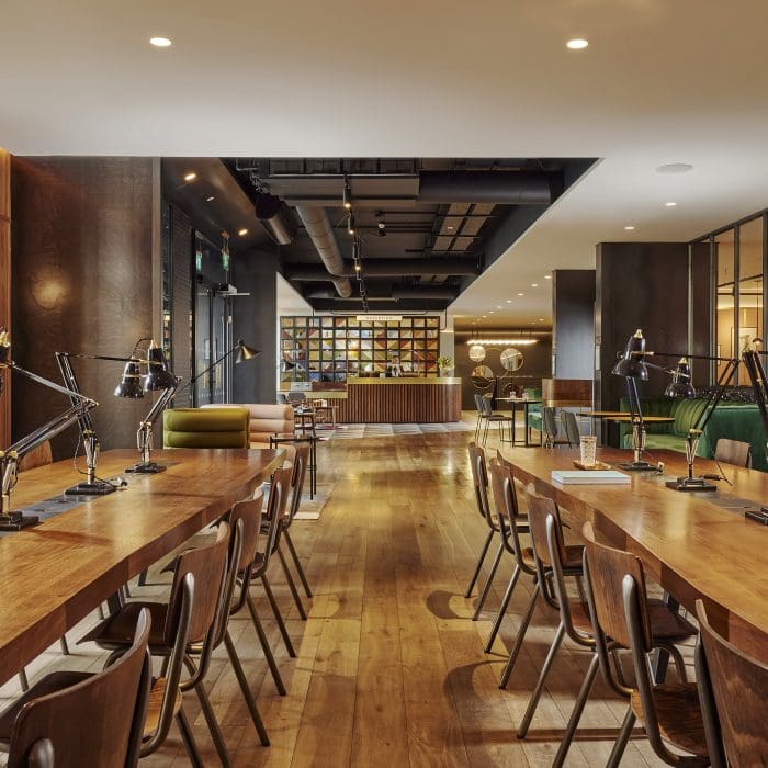 work hub in hotel lobby