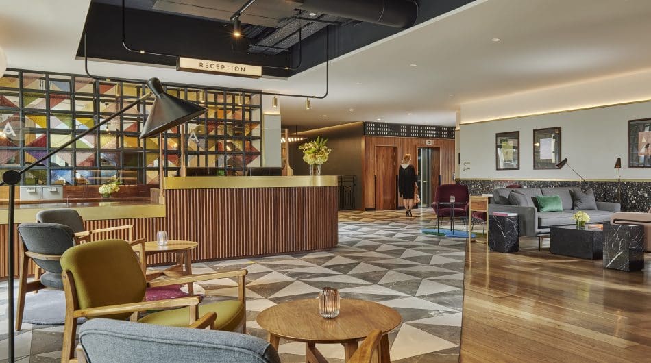 work hub in hotel lobby