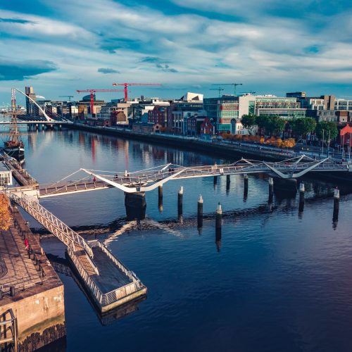 An overview of bridges along the dock in Dublin