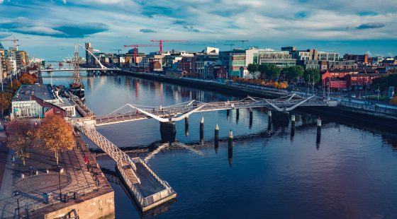 An overview of bridges along the dock in Dublin
