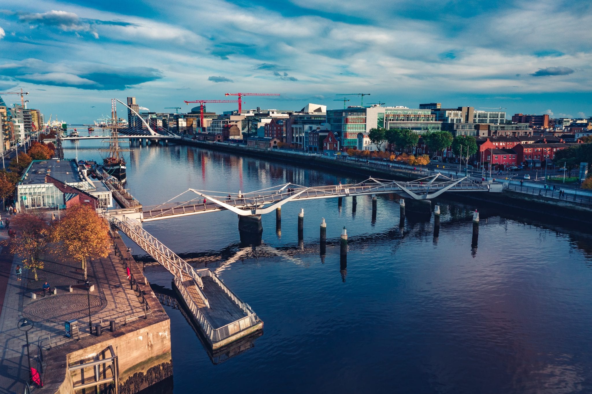 An overview of bridges along the dock in Dublin